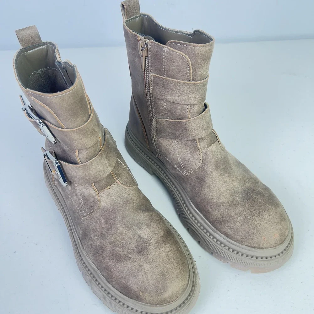 DKNY Boots Kids Size 3 Brown Biker Ankle Double Buckle Zip Lug Sole DKN1301-2